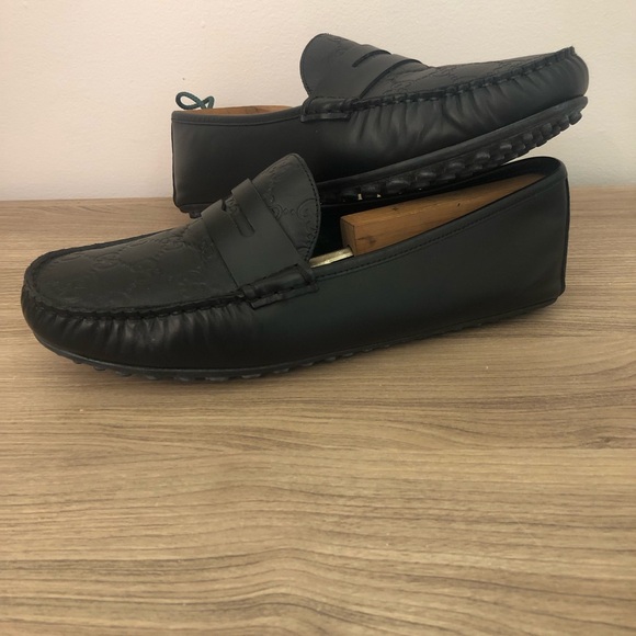 Gucci GG Logo Stamp Penny Loafers Moccasins Black Leather Men's SHOES 7.5 G 8 US - Picture 5 of 12
